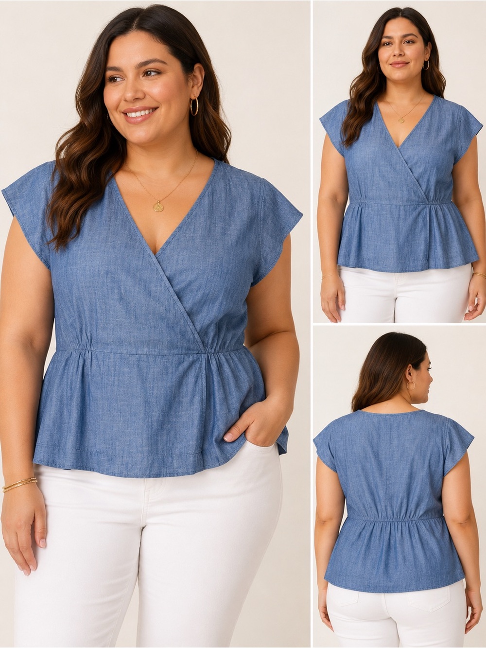J.Crew Women’s Chambray Wrap Peplum Top Blue Size 22 100% Cotton